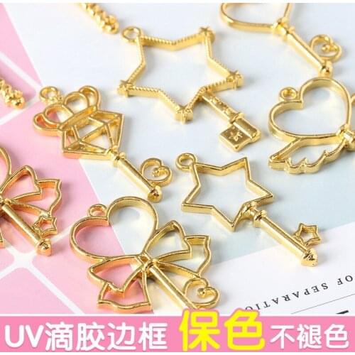 10 pcs/lot stars crown wings heart shape magic bar Metal Frame Pendant Gold Charm Bezel Setting Cabochon Setting UV Resin Charm
