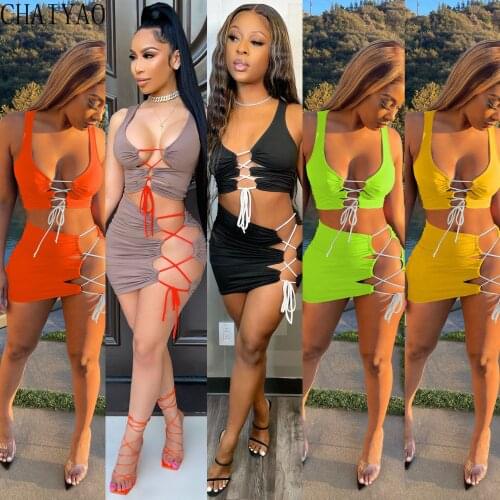 33CY1329 Summer fashion all-match new womens bandage hollow waist sleeveless sleeveless hip skirt two-piece suit