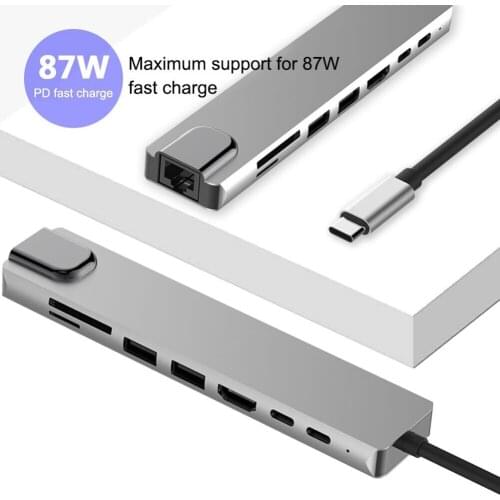 8 In1 USB C Hub USB-C To Type-C 2 USB 3.0 Hub 4K HDMI RJ45 Ethernet Adapter with TF/Mini SD Card Reader PD Charger for MacBook