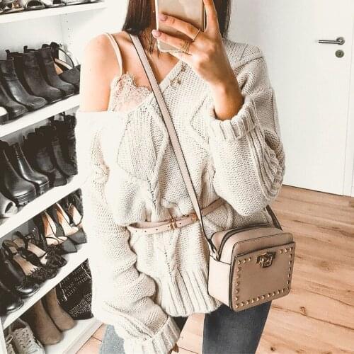 Conmoto Casual Deep V Knitted Women Sweater Jumpers Autumn Winter 2019 Sweater Knitwear Solid Loose White Pullover