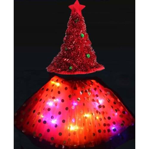 Girls Kids LED Tutu Skirt Polka Dot Light Up Christmas Tree Hat Head Wear Xmas Gift Elf Costume Cosplay Fairy Stick Fancy Dress