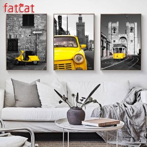 FATCAT Yellow tram landscape diy 5d diamond painting full square round drill mosaic embroidery triptych kits Home decor AE2755