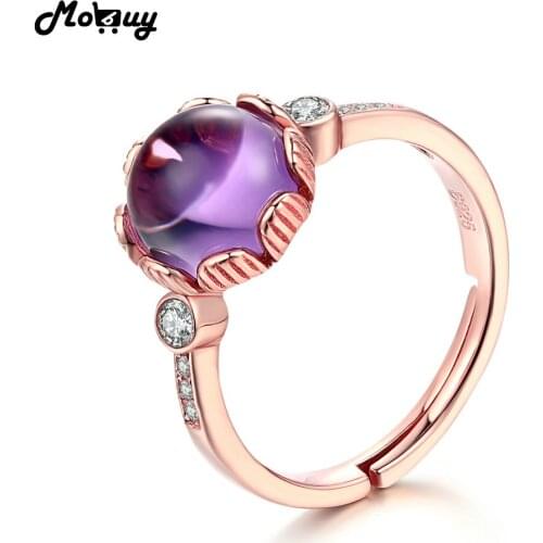 MoBuy MBRI029 Round Natural Gemstone Amethyst Ring 925 Sterling-Silver-Jewelry Rose Gold Plated Fine Jewelry Rings For Women