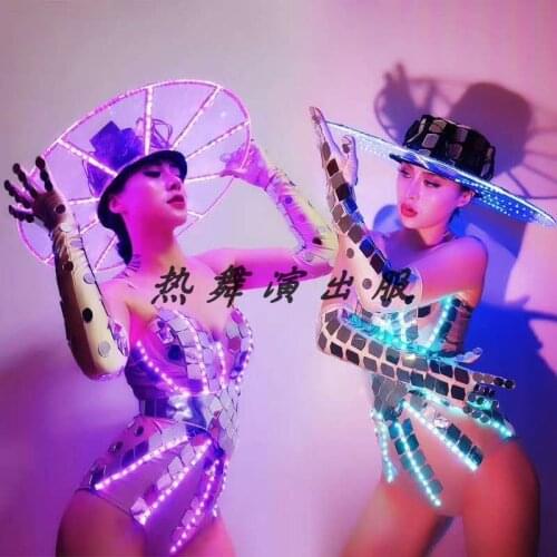 Nightclub Bar Performance Clothing LED Futuristic Technology Lens Shiny Glowing Bodysuit Hat Suit Women Party Costume DWY4556