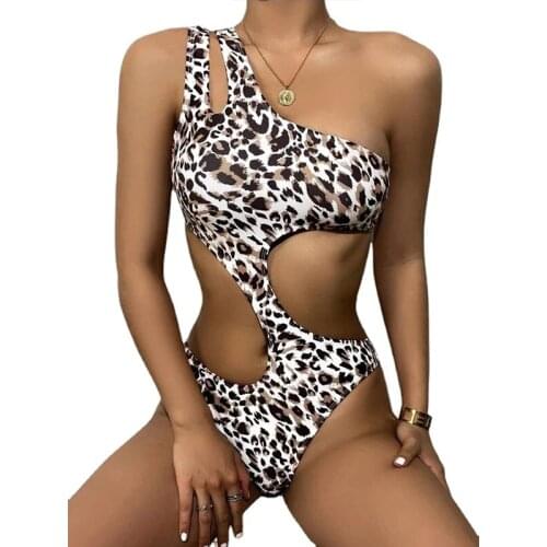 Leopard One Shoulder Swimwear One Piece Swimsuit Womens Cut Out Bikinis Panty High Top Summer Swimming Suit Set Swimsuits