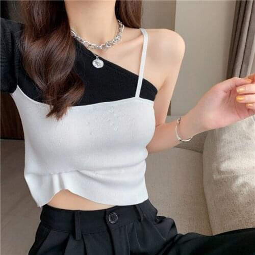 Hot Girl Slim Short Chic Fake Two-piece Off-the-shoulder Top Womens Summer Design Niche Short Sleeve Knitted T-shirt