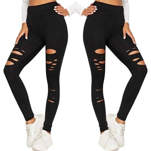 Fashion Hole High Waist Womens Pants Ladies Solid Color Hole Tight Fitting Fitness Running Pants Women Womens Pants