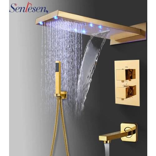Senlesen Gold Brass Shower Faucet Set Waterfall & Rain Head W/ Hand Tub Spout Thermostatic Bathroom Faucets For Shower Bath