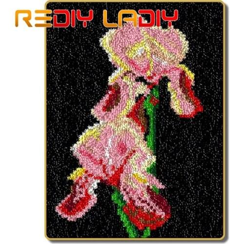 Latch Hook Kits Make Your Own Rug Pink Iris Flower Crocheting Cushion DIY Carpet Rug Acrylic Yarn Printed Canvas Hobby & Crafts