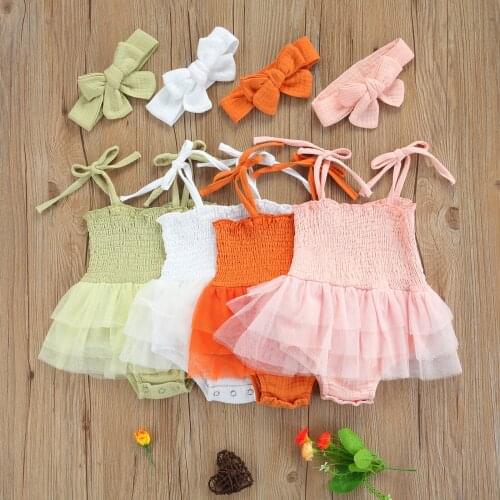 New 2 Pcs Summer Outfits, Baby Girls Tie Up Solid Color Boat Neck Spaghetti Strap Tulle Romper + Bowknot Headband