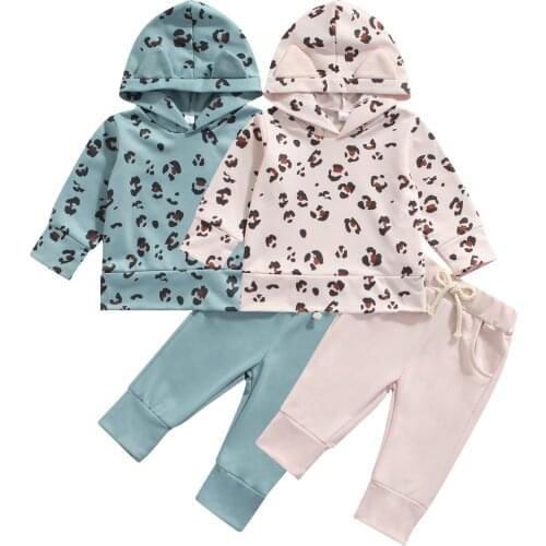 New Lovely Baby Girls Boys Autumn Clothes Sets 2pcs Leopard Printed Ear Hooded Pullover Tops Pants 0-3Y