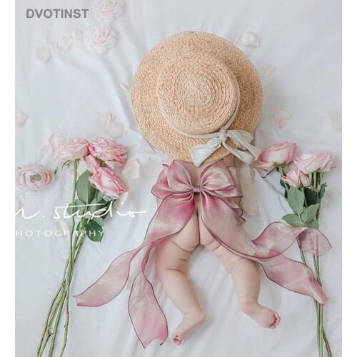 Dvotinst Newborn Baby Photography Props 100 Days Bowknot Ribbon Straw Hat Artificial Flower Photo Props Studio Shoot Accessories