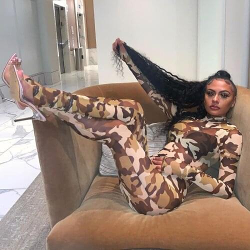 [Shearim] Long Sleeve Round Neck Camouflage Print Sexy Slim Woman New Hot Sale Fitness Gym Street Jumpsuit