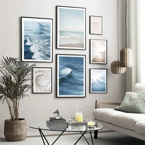 Nordic Blue Ocean Sea Wave Landscape Canvas Painting Beach Seascape Nature Poster Art Print Wall Pictures For Home Room Decor