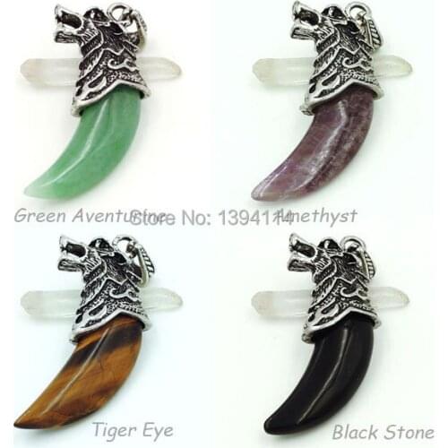 Mixed Stones Green Aventurine/Black Agat e/Tiger Eye Crescent Pendants Stones Glued With Vicious Wolf Casings Approx 60*20 mm