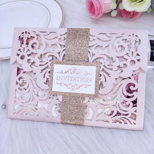 Light Pink Laser Cut Wedding Invitation with Glitter Belt and Tag 20+Color Lace Quinceanera Invitations DIY Invitation for Weddi