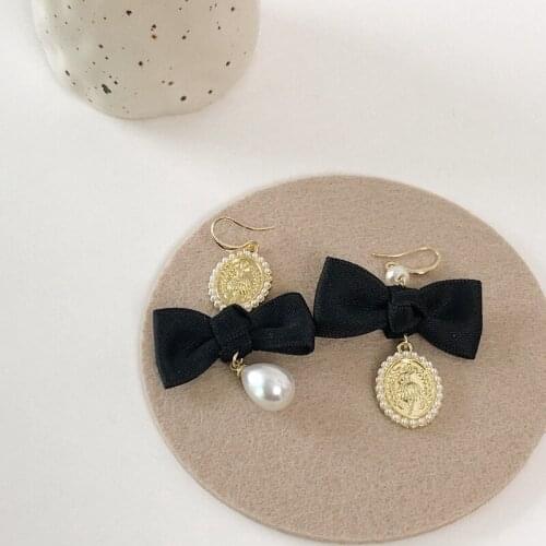 TIMEONLY Vintage Black Color Cloth Bowknot Drop Earring Oval Metal Simulation Pearl Earring for Women Ladies Accessories French