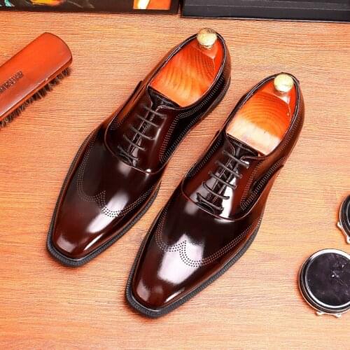 Leather shoes Men Genuine Wingtip cow Leather Platform Oxford Shoes Pointed Toe Lace-Up Oxfords Dress Brogues Wedding Shoes