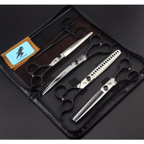 Japan 440C Cat and Dog Scissors 7.0 Inch Black Paint Handle 4 Piece Set Pet Beauty Salon Scissors Professional Trim Hair