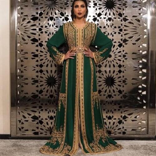 Green Moroccan Kaftan Prom Dresses With Gold Applique Beaded Arabia Evening Dress Custom Made Plus Size Long Sleeves Party Gown