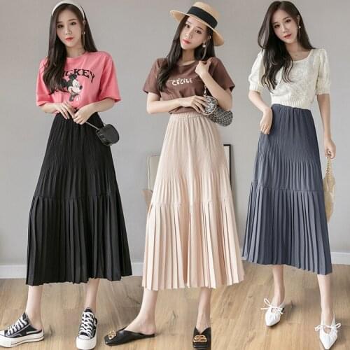 Casual Pleated Mid-length Long Skirts High Waist A Line Faldas Chiffon Women Vintage Black Maxi Clothes Jupe Streetwear Korea