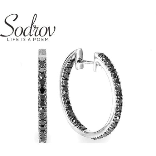 SODROV Genuine 925 Sterling Silver Round Earrings Hoop Earrings for Women Black Spinel Silver 925 Jewelry I181