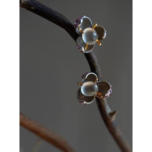 Inspired design silver inlaid crystal natural chalcedony oval flower earrings ladies pastoral exquisite classical jewelry