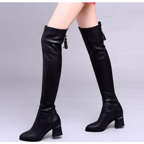 2021 Autumn/Winter Women High Boots,Over The Knww Slim Botas,Pointed toe,Thick Heel,BACK ZIP,Female Footware,BLACK,Dropshipping