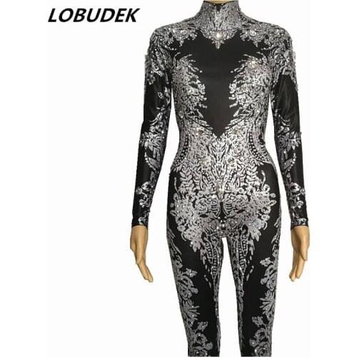 Sexy jumpsuit Gold black crystals bodysuit Female Costumes Bar DJ show Nightclub Party Singer Dancer Jazz performance Clothes