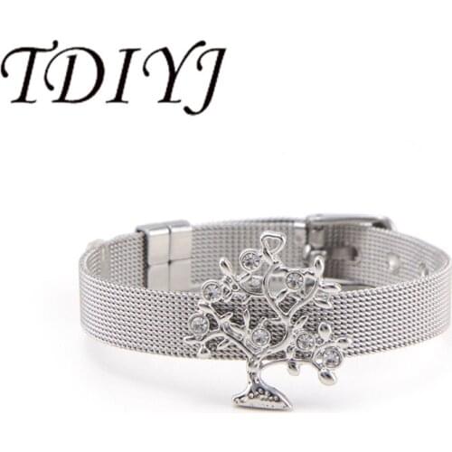 TDIYJ Big Tree With Crystal Slide Charms Stainless Steel Mesh Bracelet For Women Jewelry 1Set