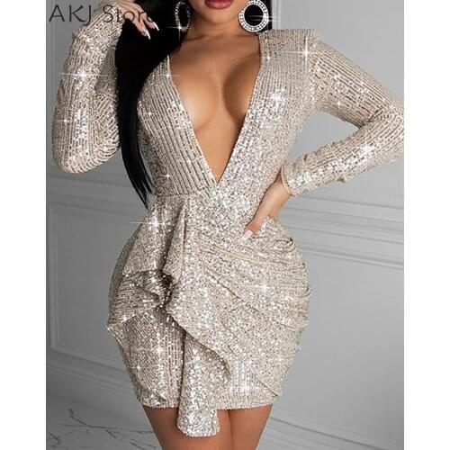 Women Sequin V Neck Backless Bodycon Dress Shiny Party Dress Vestidos