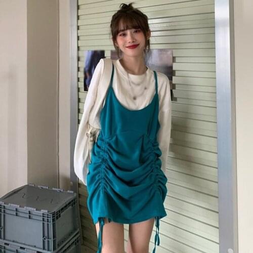 Fake Two-piece Women Dress Sling Stitching Female Waist Dress Drawstring Pleated Dress