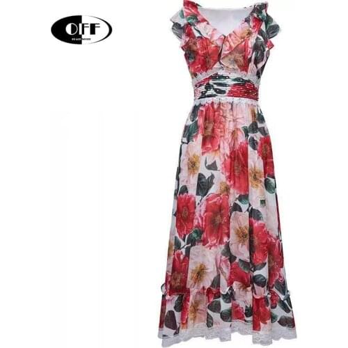 Designer 2021 Summer Beach Floral Midi Dresses For Women Runway Ruffles Lace Up High Waist Holiday Lady Dress vestidos mujer ZA