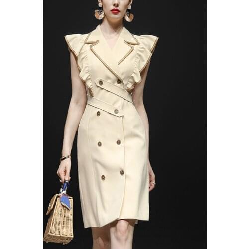 Notched Collar Summer Party Dress Women Ruffles Sleeveless Knee-Length Straight Dress Office Lady Double Breasted Runway C609