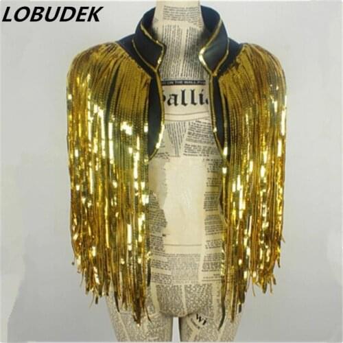 Gold coat tassels jacket coat Waistcoat DS costumes dance Christmas singer stage outfit Sequin vest over performance bar party