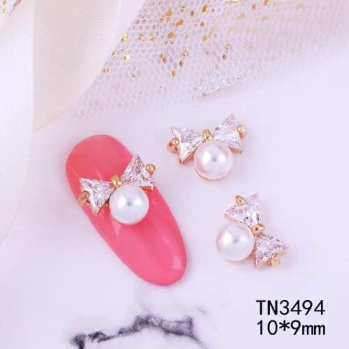 10pcs/lot TN3494 Bow 3d Alloy Zircon Nail Art Crystals Rhinestone Pearl Jewelry Nails Accessories Supplies Decorations Charms