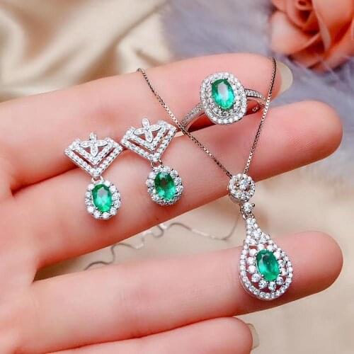 100% Real and Natural set Natural Real Emerald 925 sterling silver 1pc Emerald pendant,1pc Emerald ring,2pcs Emerald Earring