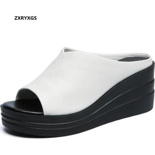 2021 New Top Soft Cowhide Summer Fish Mouth Slippers Women Sandals Fashion Casual Shoes Platform Wedges Slippers Heighten Shoes