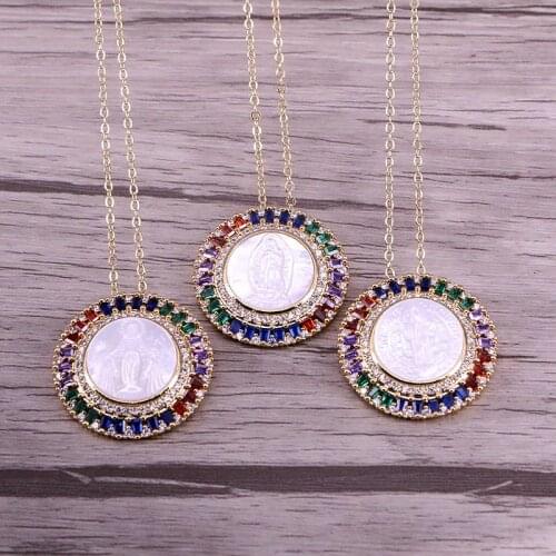 6PCS, Virgin Jesus/Mary Crystal Zirconia CZ Micro Pave Religious Jewelry Round Shape Mother Of Pearl Shell Pendant Necklace