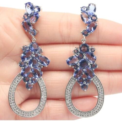 66x23mm Super Big European Design Created New Stone Iolite CZ For Ladies Bride Wedding Silver Earrings