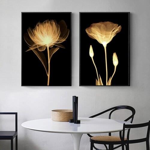 Abstract Flowers Light Yellow Flowers Canvas Paintings On Black Groud Wall Art Posters Modern Art Pictures For Living Room Decor