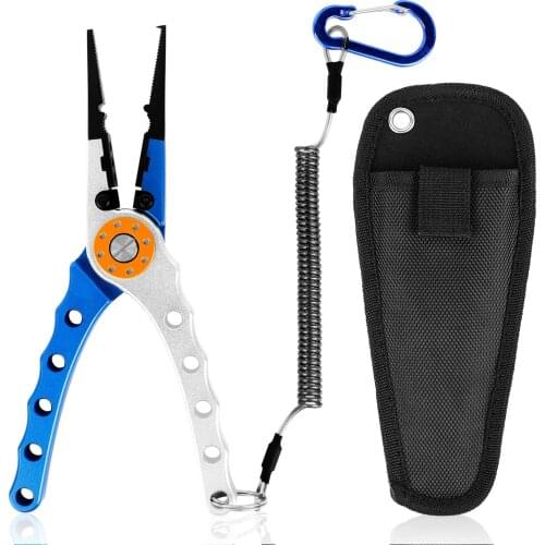 Aluminum Fishing Pliers Grip Hook Remover Braid Line Cutting and Split Ring with Lanyard Sheath Stainless Steel Jaw Rustproof