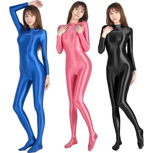 AMORESY Sexy Shiny Long Sleeve Full Length Oil Tights Smooth Running Overalls Yoga Zentai Casual Sport Tights Jumpsuits Catsuits