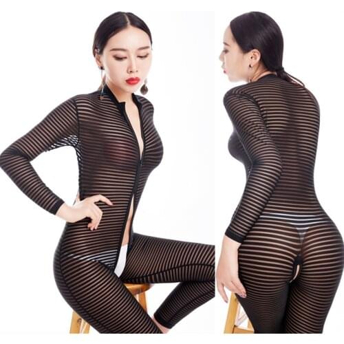 New Sexy Women Stripe Two Way Zipper Open Crotch Bust Transparent Bodysuit Turtleneck Body Stockings Club Wear Sexy Lingerie F40