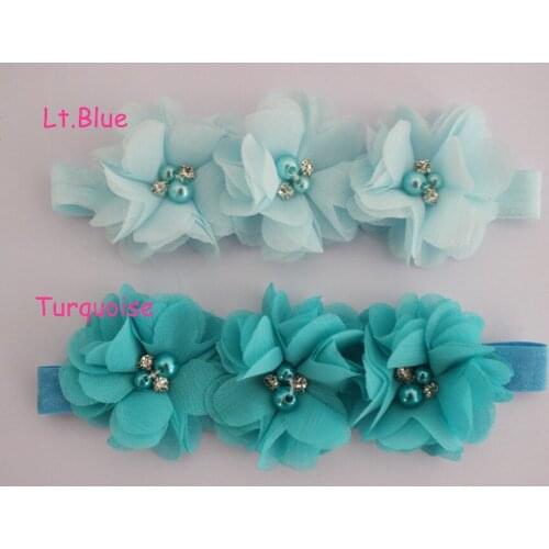Boutique headwear Triple chiffon flower headband two pearl two rhinestone flower on foe headband for kids women 30pcs