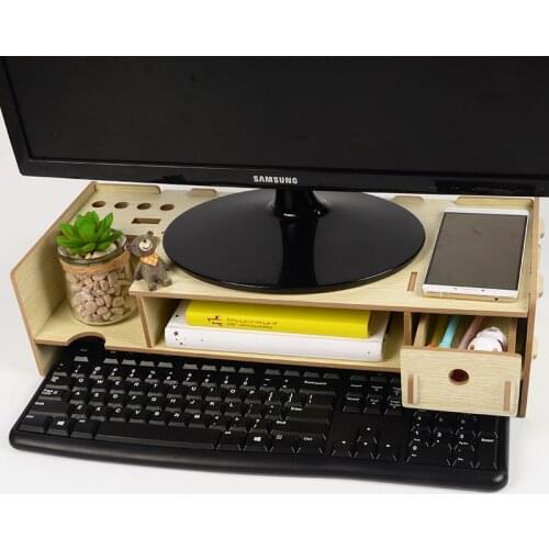 Wooden Monitor Stand Riser Computer Desk Organizer with Keyboard Mouse Storage Slots for Office Supplies School Computer Heighte