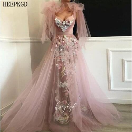 Dusty Pink Flowers Long Evening Dress Tulle See Through Charming Prom Gowns Plus Size Bridal Wedding Party Dresses Abendkleider