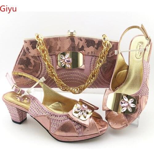 Doershow Shoes and Bag Set African Sets 2020 pink Color Italian Shoe Bag Set Decorated with Rhinestone High Quality!!SES1-32