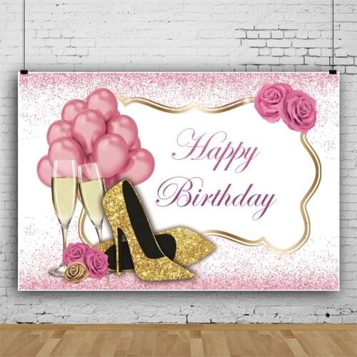 Laeacco Happy Fabulous Womens Birthday Party Photo Backdrops High Heels Pink Balloons Rose Glitters Personalized Backgrounds
