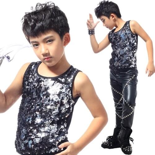Boys Jazz Dance Costumes Kids Sequin Vest Street Dance Clothing Hip Hop Clothes Children Performance Stage Show Wear DQS2775